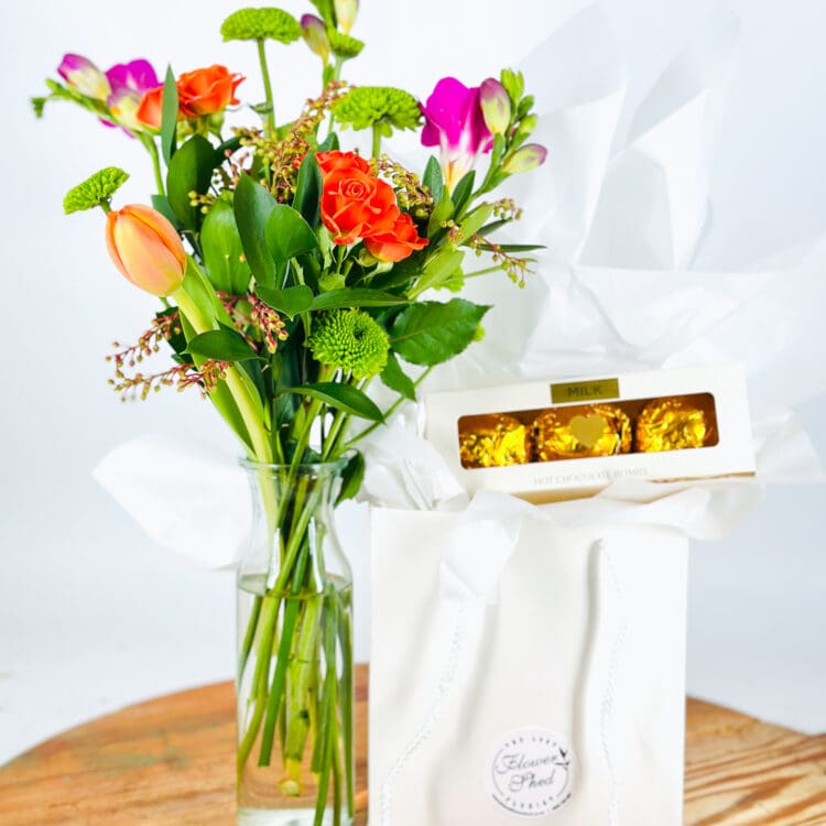bud vase and blooms with chocolate bombs